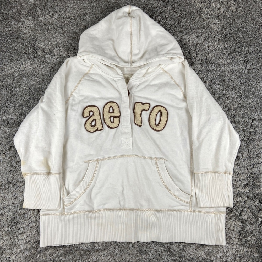 Vintage Aeropostale Hoodie Women XL White Henley McBling Pullover Sweatshirt Y2K